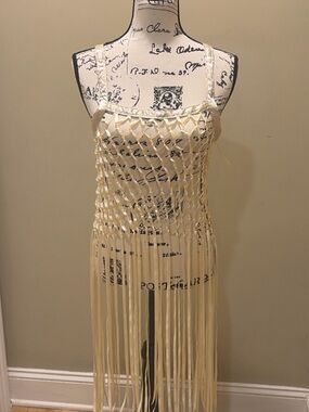 Urban Outfitters Fringe Crochet Dress Bow Back Cream Boho Festival Cover Up